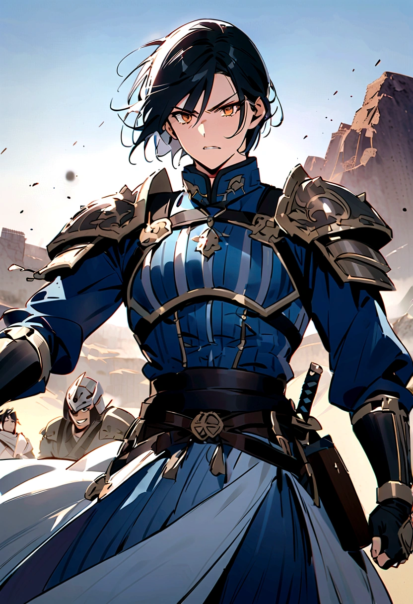 Kingdom Faith（Shin）teeth、Brave young warrior。A well-trained, muscular physique、Sharp Eyes。Short hair and light armor、額にteeth汗と泥。戦闘中teeth真剣な表情、勝利の瞬間にteeth満面の笑み。The sight of him fighting with his sword raised、Glaring at the enemy。背景にteeth戦場の風景が広がり、Faith&#39;s strength and determination stand out