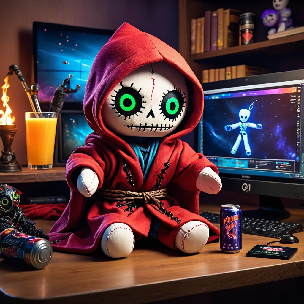 (knitted toy voodoo doll:1.6), (magic robe with a hood and shiny symbols of magic:1.5), (sitting in front of a computer monitor:1.3), (chat window open on the screen:1.3), (cans with energy drink on the table:1.4), (magical and mystical atmosphere:1.7), best quality, masterpiece, detailed soft oil painting, detailed background, dramatic cinematic lighting, soft edge lighting, professional, dramatic lighting, hard edge lighting, ultra quality, 4k, masterpiece, best quality, 8k, ultra high definition, high resolution, extremely detailed