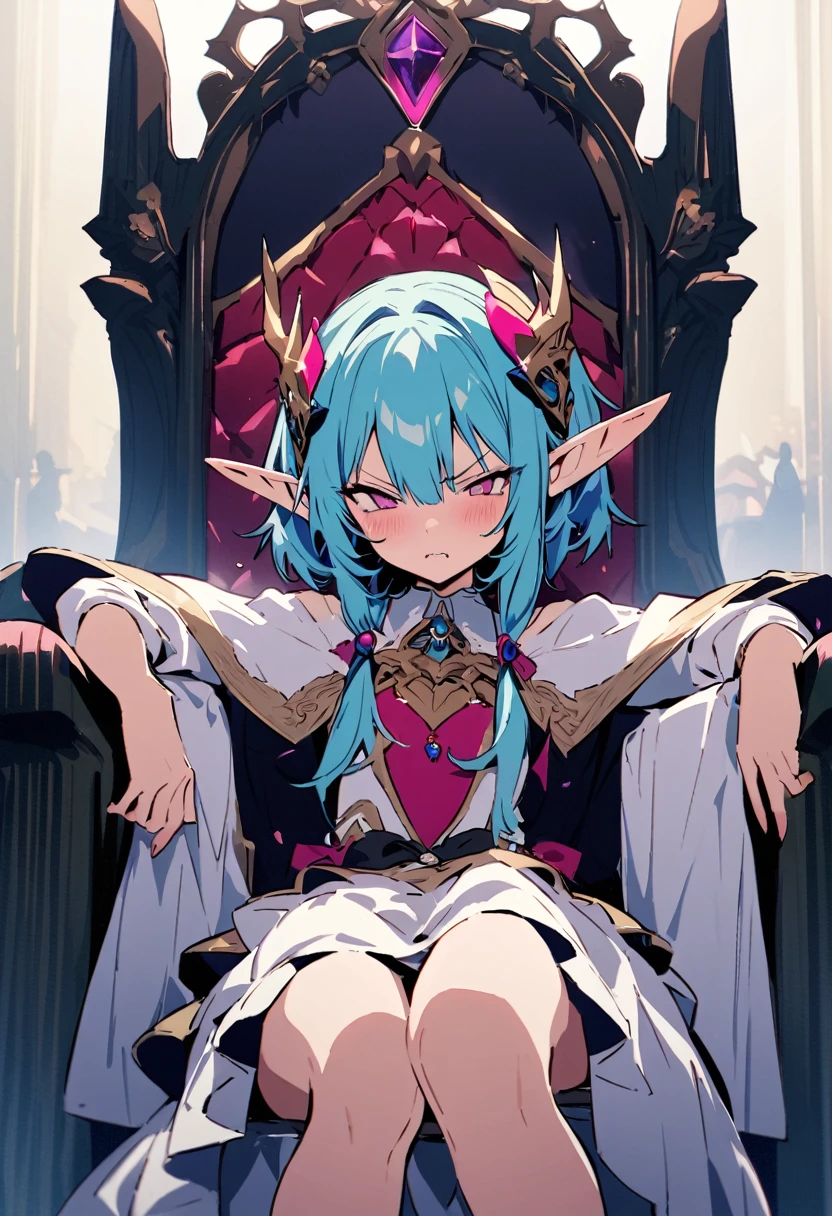 masterpiece, Highest quality, Illustration of the novel, High resolution, 18+ Adult content, Sensual, Intimate, Emotional, Passionate, romantic, sweet, Adorable, Innocent, Pure, charmな, charmな, charm, mysterious, charmな, charmな, Immersive, charmな, dream-like, Surreal, Imaginative, Whimsical, Artistic, Avant-garde, timeless, elegant, Sophisticated, chic, Sophisticated, Personality, original, charmな,(( Elf:1.3)),((A look of disgust:1.3))、Upper Body,((Throne of Power,Throne of Power:1.3))