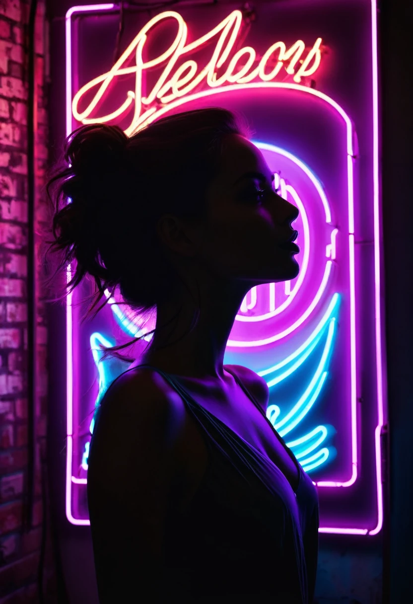 Side face silhouette,Shadow of beautiful woman under neon sign,Huge neon signboard,(Neon sign with text:1.5)