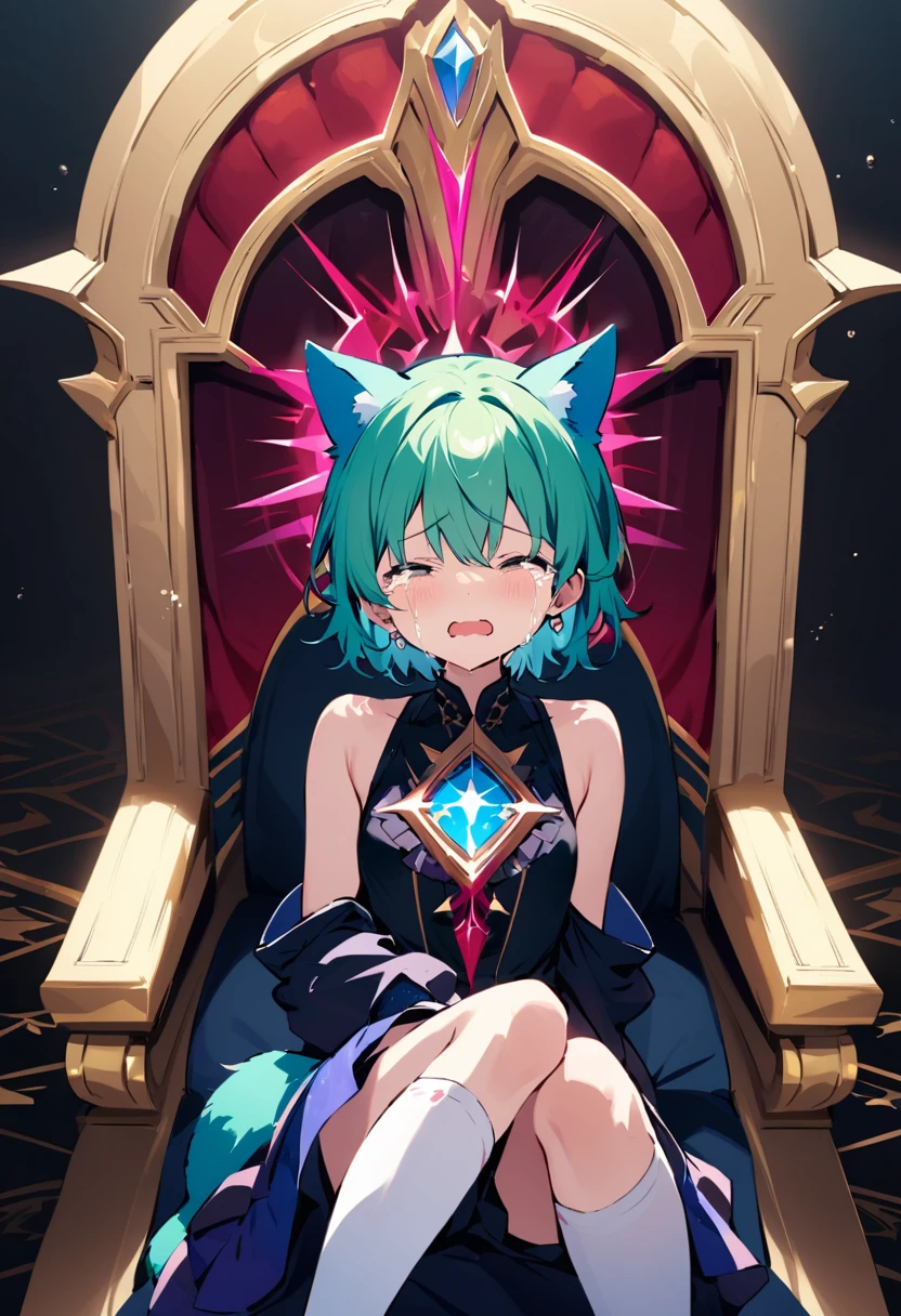masterpiece, Highest quality, Illustration of the novel, High resolution, 18+ Adult content, Sensual, Intimate, Emotional, Passionate, romantic, sweet, Adorable, Innocent, Pure, Fascinating, Fascinatingな, Charm, mysterious, Fascinatingな, Fascinating, Immersive, Fascinatingな, dream-like, Surreal, Imaginative, Whimsical, Artistic, Avant-garde, timeless, elegant, Sophisticated, chic, Sophisticated, personality, original, Fascinatingな,One Girl,Deltamon_beta, alone, blue eyes, Knee socks, Animal ears, Bare shoulders, Blue Tail, Earrings,Removable sleeves, Green Hair, Sleeveless, Cat ear, bag, white Knee socks, Cat&#39;tail,pink backpack,Pink school bag,Lavender lace: Lavender Peter Pan collar lace dress, Paired with ivory tights and Mary Jane shoes.,Cherry-blossom viewing, azalea, satsuki, azalea blizzard,
rest ((Avoidance method ((子Cat)), Crying face)),((Throne of Power,Throne of Power:1.3))