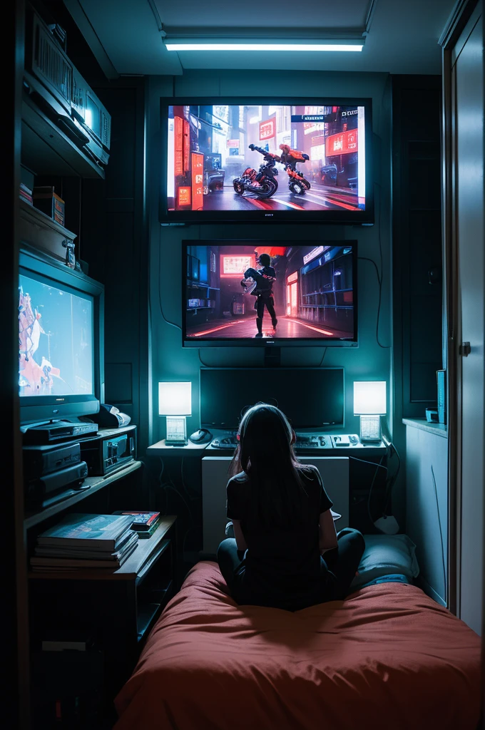 There is a girl sitting on the bed in the room and playing video games, Large-screen TV,  Room with books, cyber punk, Inspired by Liam Wong, At night, Dark Room, Lo-fi illustration style, Gamer Room, Study in your room, Cyril rolled around.W Karuta, Teenm.  