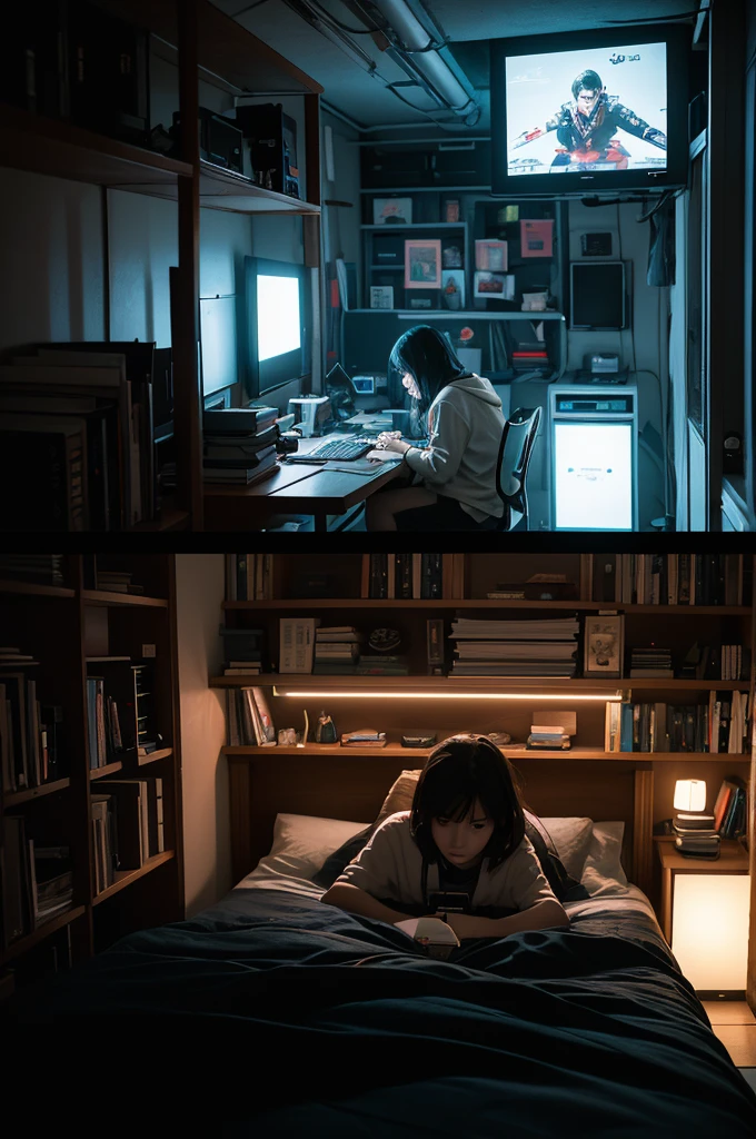 There is a girl sitting on the bed in the room and playing video games, Large-screen TV, Teen Room with books, cyber punk, Inspired by Liam Wong, At night, Dark Room, Lo-fi illustration style, Gamer Room, Study in your room, Cyril rolled around.W Karuta, Teen Room.