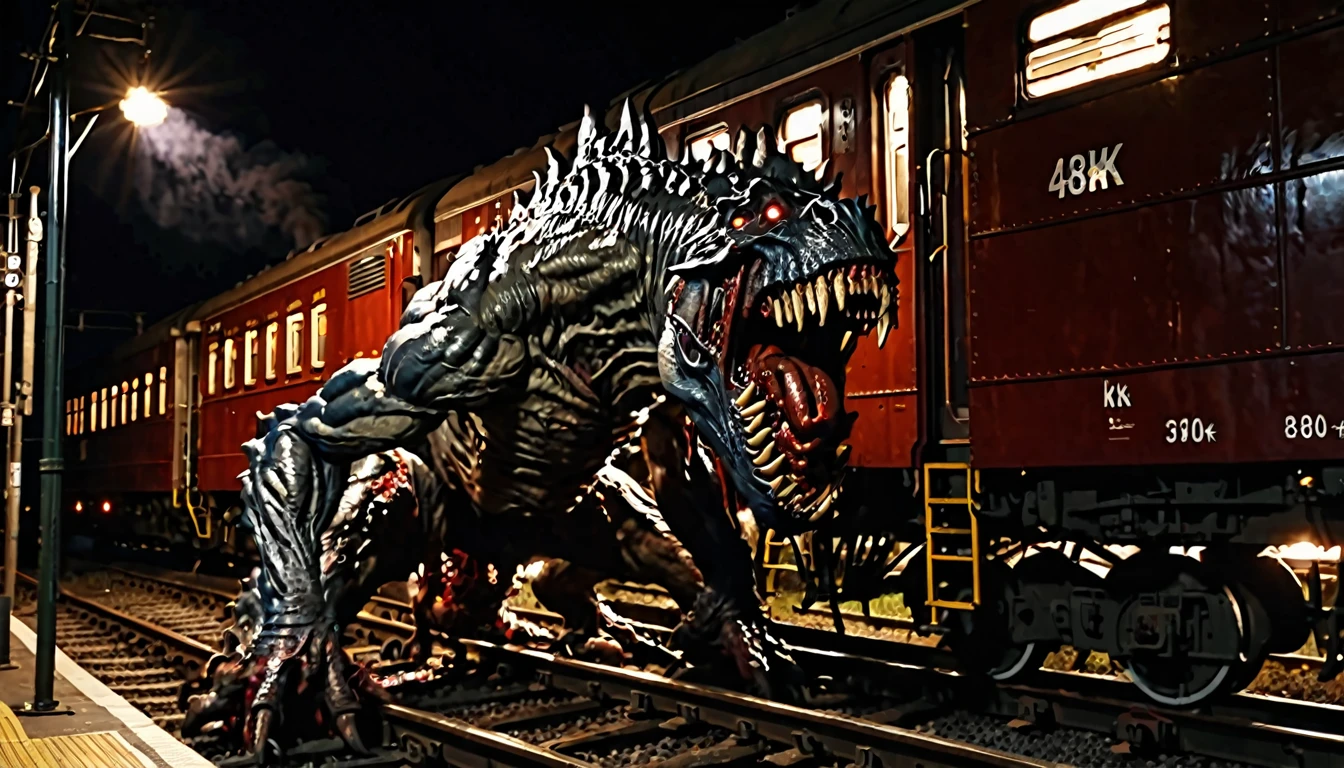 A huge monster stands at the back of the train, trying to devour the train, Night, bloody, Realism, chiaroscuro, UHD, super detail, best quality, 8k