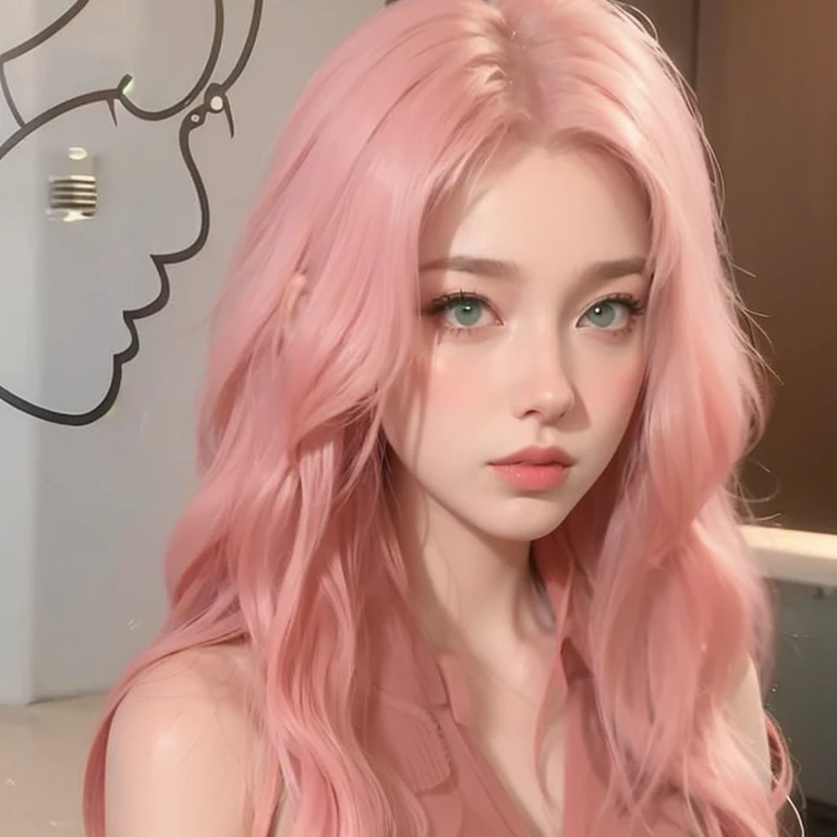 young woman, short shoulder-length pink hair, wide forehead, porcelain skin, pink eyebrows, big emerald green eyes, buttoned nose, full lips, heart-shaped face, slender body, small breasts, red tank top, Sakura Haruno , realistic, realism, details, 3d, well detailed