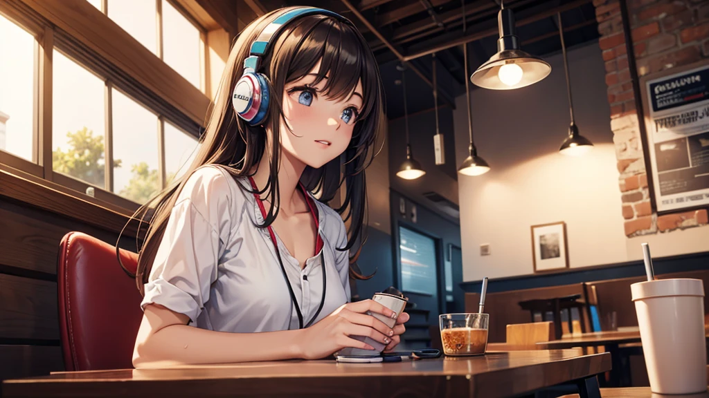 Girl with headphones enjoying music in a cafe I am studying Emphasize a little bit of the chest