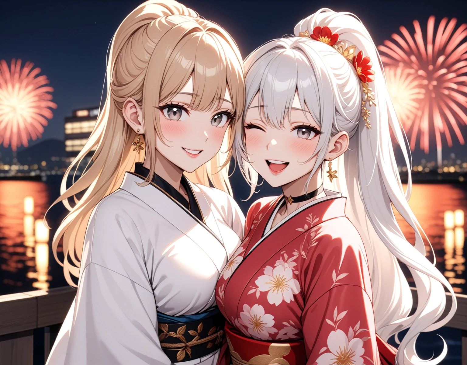 ((Two Women)), Beautiful Face, (Laughing embarrassedly), ((smirk)), ((Wink:1.8)), ((yuri:1.3)), Laugh with your mouth wide open,((Bright red cheeks:1.4)),Shiny red lips, night,横浜のnight景,You can see the ocean, firework,Glossy pink lips,Facial lighting,((Anime style background)),masterpiece, Highest quality, so beautiful,up to date, Complex details, (4fingers and 1thumbs), (Pink long nails), (ring),(bracelet),(choker),AI-generated, Complex,High resolution, Highest quality, super high quality,3D Images、3D Images,One person,Long white hair in a high ponytail, ((Fine grain、Silvery white eyes、Shining Eyes:1.4)), (Squint your eyes:1.1), Long blonde hair in a high ponytail, Anime woman posing for a photo, a hyperRealistic , hyperRealistic , Realistic,Anime woman with long white hair, Smooth anime CG art, A woman in a colorful kimono with gold embroidery, (Black long sleeve kimono),(Pink long sleeve kimono), Red floral pattern,Long flower hair ornament,Earrings,Mature Body,(Big Breasts:1.1),Tall,Abdominal muscles,Narrow waist,(Zoom in on face),