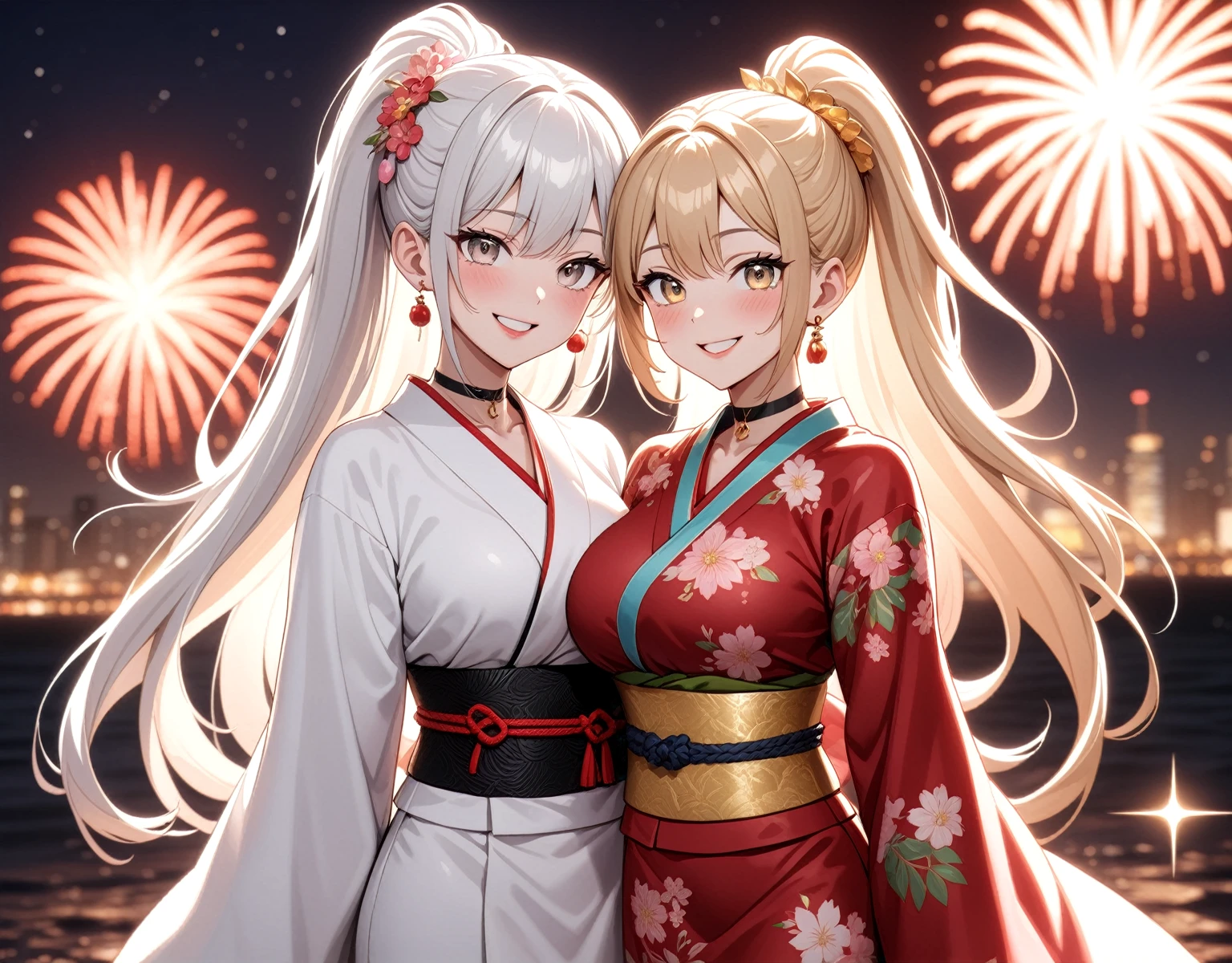 ((Two Women)), Beautiful Face, (Laughing embarrassedly), ((smirk)), ((Wink:1.8)), ((yuri:1.3)), Laugh with your mouth wide open,((Bright red cheeks:1.4)),Shiny red lips, night,横浜のnight景,You can see the ocean, firework,Glossy pink lips,Facial lighting,((Anime style background)),masterpiece, Highest quality, so beautiful,up to date, Complex details, (4fingers and 1thumbs), (Pink long nails), (ring),(bracelet),(choker),AI-generated, Complex,High resolution, Highest quality, super high quality,3D Images、3D Images,One person,Long white hair in a high ponytail, ((Fine grain、Silvery white eyes、Shining Eyes:1.4)), (Squint your eyes:1.1), Long blonde hair in a high ponytail, Anime woman posing for a photo, a hyperRealistic , hyperRealistic , Realistic,Anime woman with long white hair, Smooth anime CG art, A woman in a colorful kimono with gold embroidery, (Black long sleeve kimono),(Pink long sleeve kimono), Red floral pattern,Long flower hair ornament,Earrings,Mature Body,(Big Breasts:1.1),Tall,Abdominal muscles,Narrow waist,(Zoom in on face),