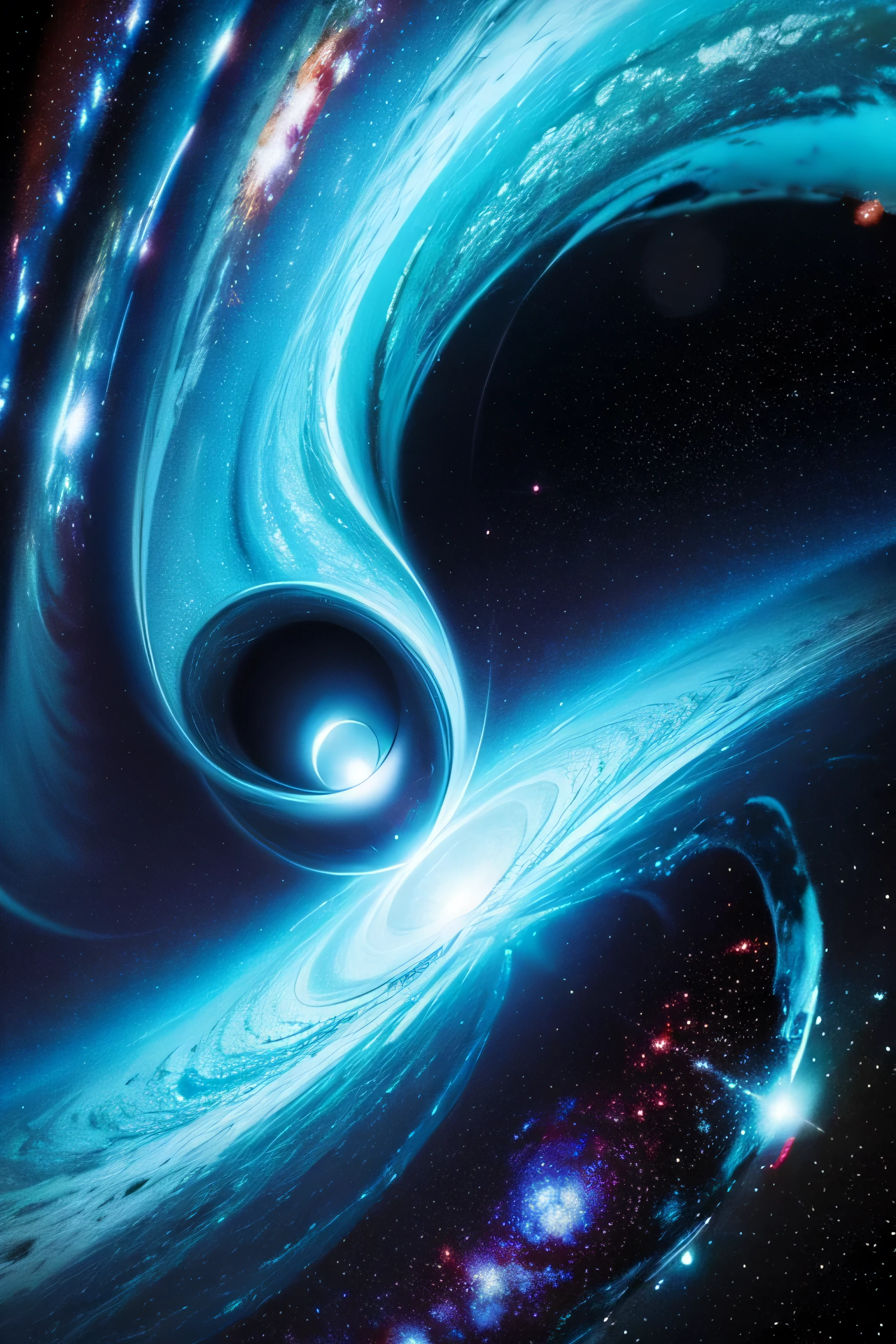 Big black hole, in the middle of the galaxy turquoise blue rays, 4K, work of art.