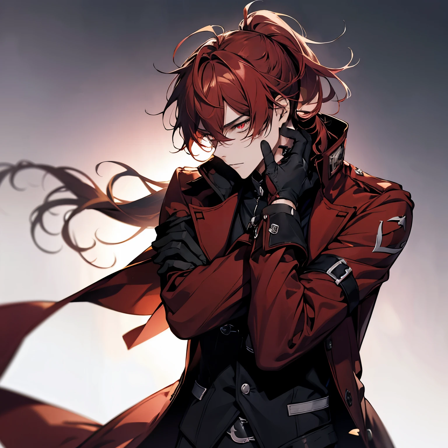 score_9,score_8_up,score_7_up,1boy, bad_id, bad_twitter_id, black_gloves, black_shirt, chain, clenched_hand, closed_mouth, diluc_\(genshin_impact\), diluc_\(red_dead_of_night\)_\(genshin_impact\), fire, floating_clothes, gradient_background, hair_between_eyes, highres, long_hair, male_focus, official_alternate_costume, open_coat, ponytail, profile, red_coat, red_eyes, red_hair, simple_background, solo, upper_body, vest