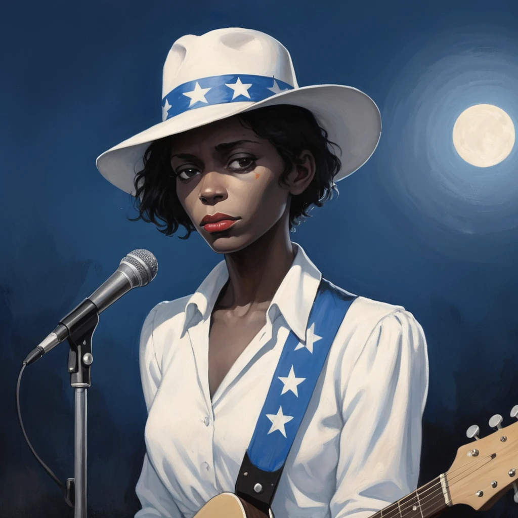 Robert Johnson, sandy, alabama bar, blue note, charismatic , illustration, white fantasy, bandera pride day, white lady, solitary dark hair, sad ending, singer