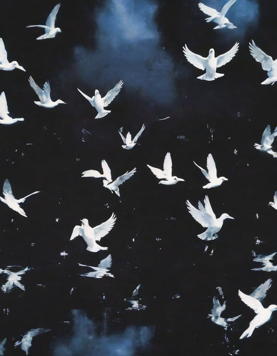 many angels flying in black water,
