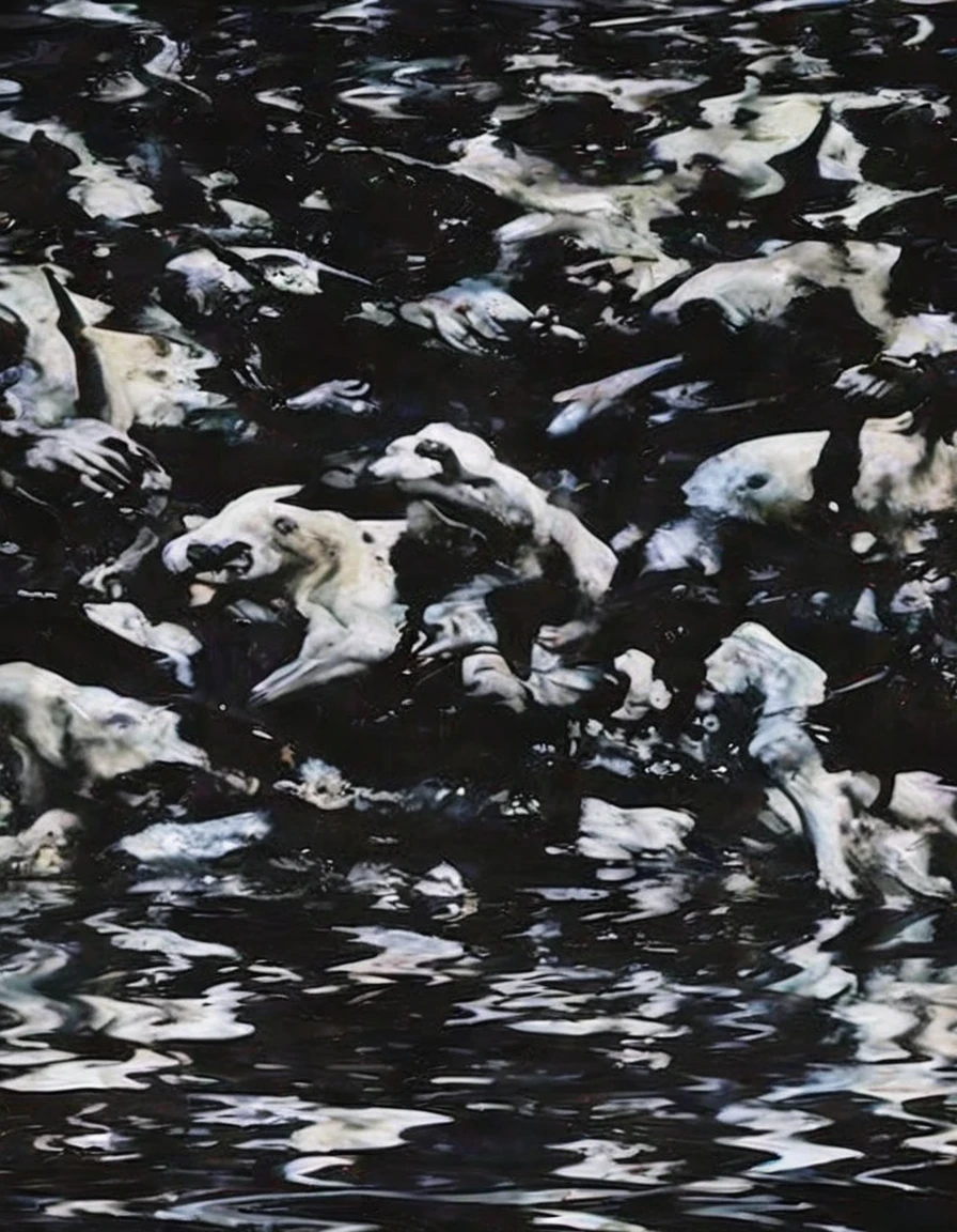 many angels flying in black water,