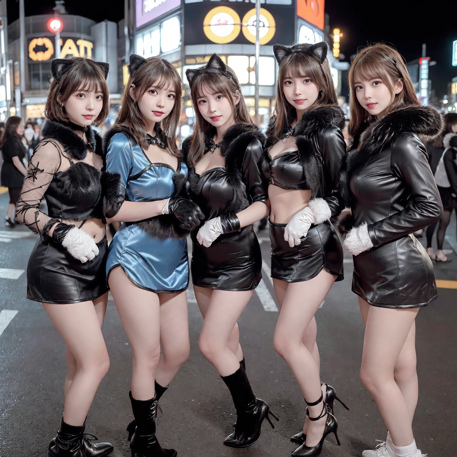 masterpiece, top-quality, top-quality, Beautifully Aesthetic:1.2, ((3girls)), Halloween night,
((Middle girl is Wearing a high-quality Black Cat costume of fur, gloves of Cat, fur miniskirt):1.2), high detailed,
((Left girl is Wearing a high-quality Red Cat costume of fur, gloves of Cat, fur miniskirt):1.2), high detailed,
((Right girl is Wearing a high-quality Blue Cat costume of fur, gloves of Cat, fur miniskirt):1.2), high detailed,
(Three girls are standing side by side in a neat line:1.3), large breasts, firm breast, nicely shaped breasts, slender figure,
((Dark Brown Hair)), wavy hair, (medium long hair:1.2),
((At the middle of very crowded Shibuya Scramble Crossing decorated with Halloween decorations at late night:1.2)), ((Surrounded by many people dancing for Three girls)), (Full body shot:1.1), (From side:1.3), (Looking at viewer),