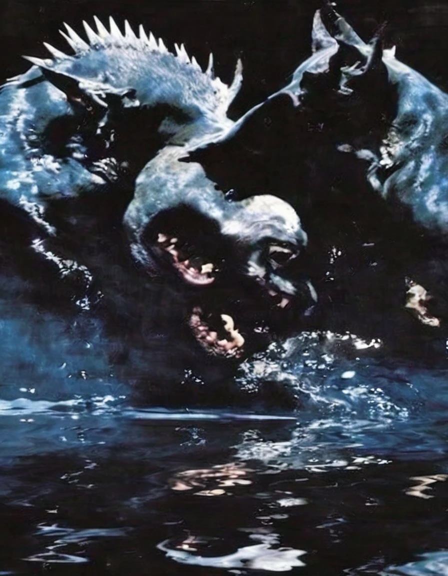 angel and devil flying in black water,