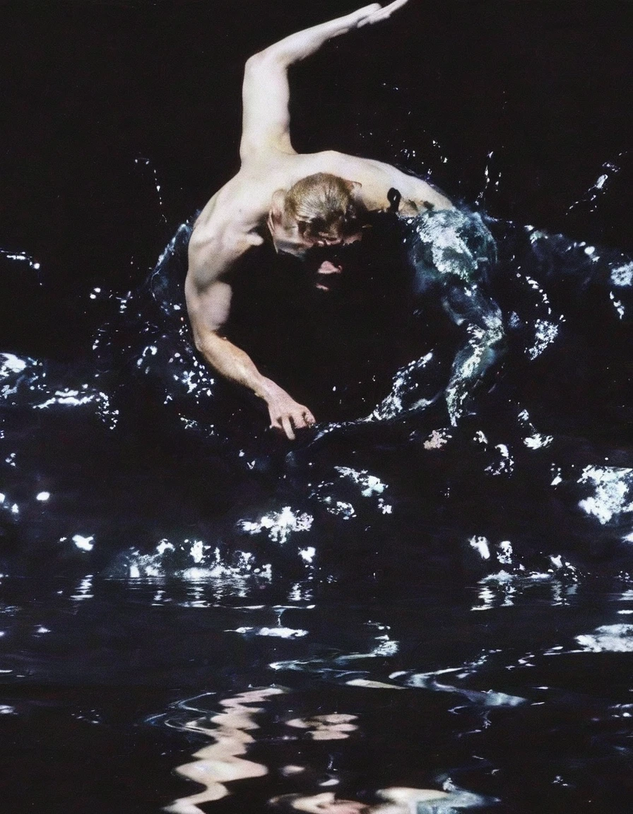 angel and devil flying in black water,