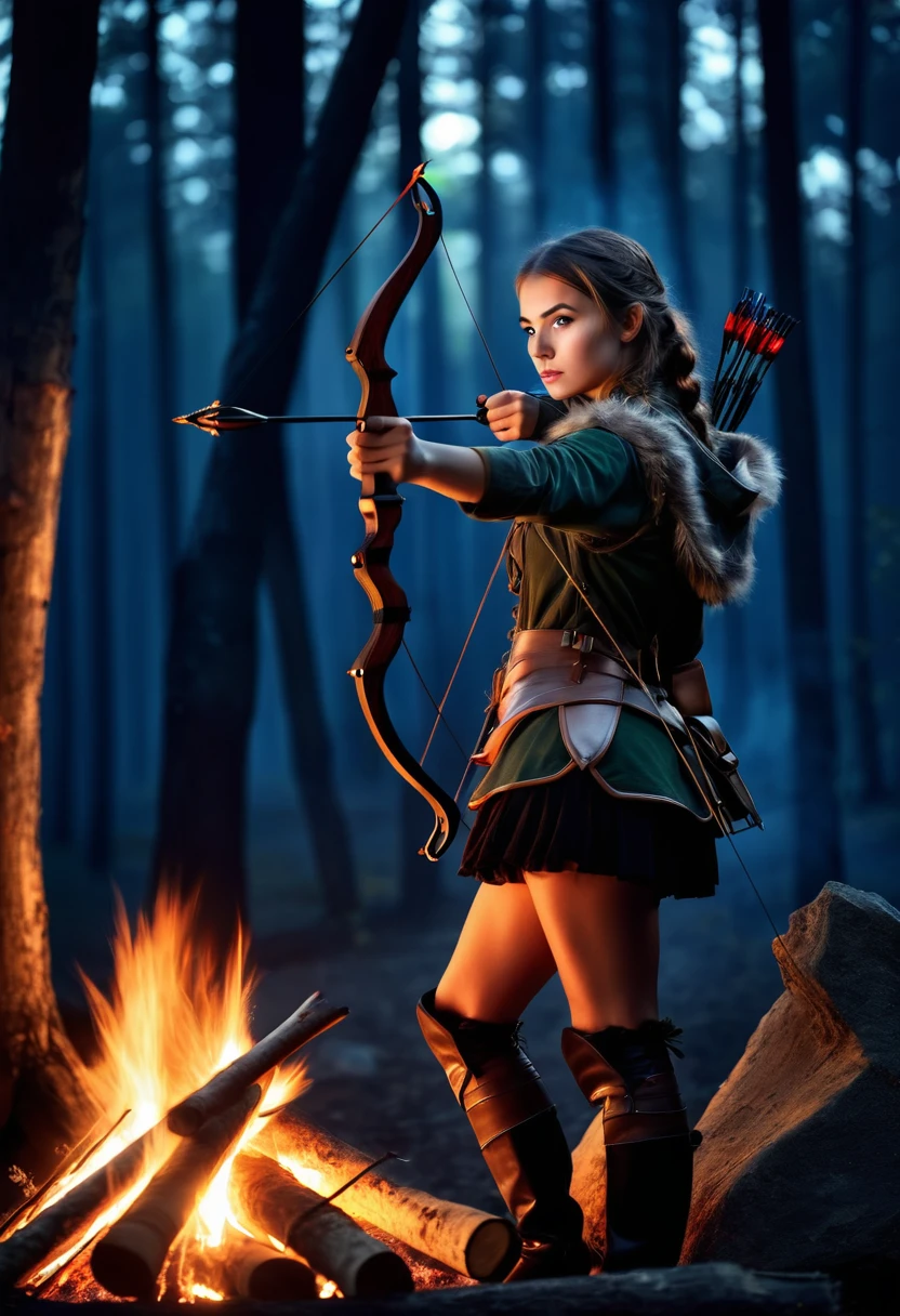 Highest quality Fantasy Young female hunter with a bow Staring at a bonfire The background is a night forest