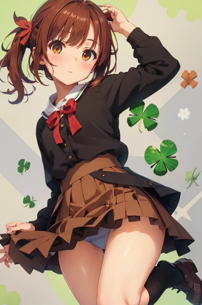 Browsing Caution,Idol Master, Chieri Ogata,short twin tails with reddish-brown hair,,,small ,Brown eyes,four Leaf Clover, Panties in full view,Skirt Lift,Best image quality,Highest quality