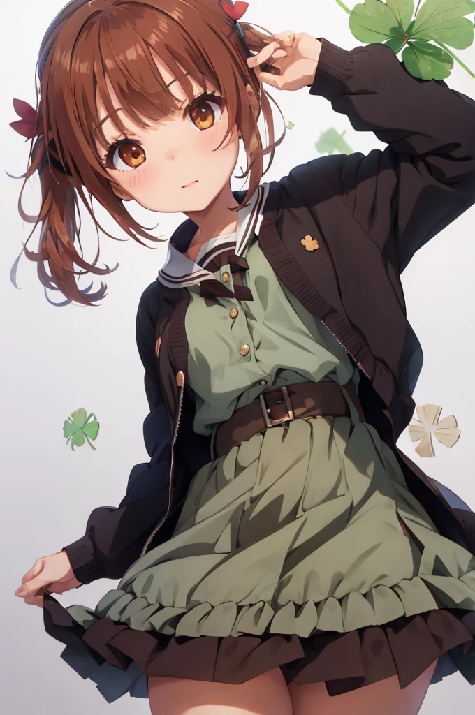 Browsing Caution,Idol Master, Chieri Ogata,short twin tails with reddish-brown hair,,,small ,Brown eyes,four Leaf Clover, Panties in full view,Skirt Lift,Best image quality,Highest quality