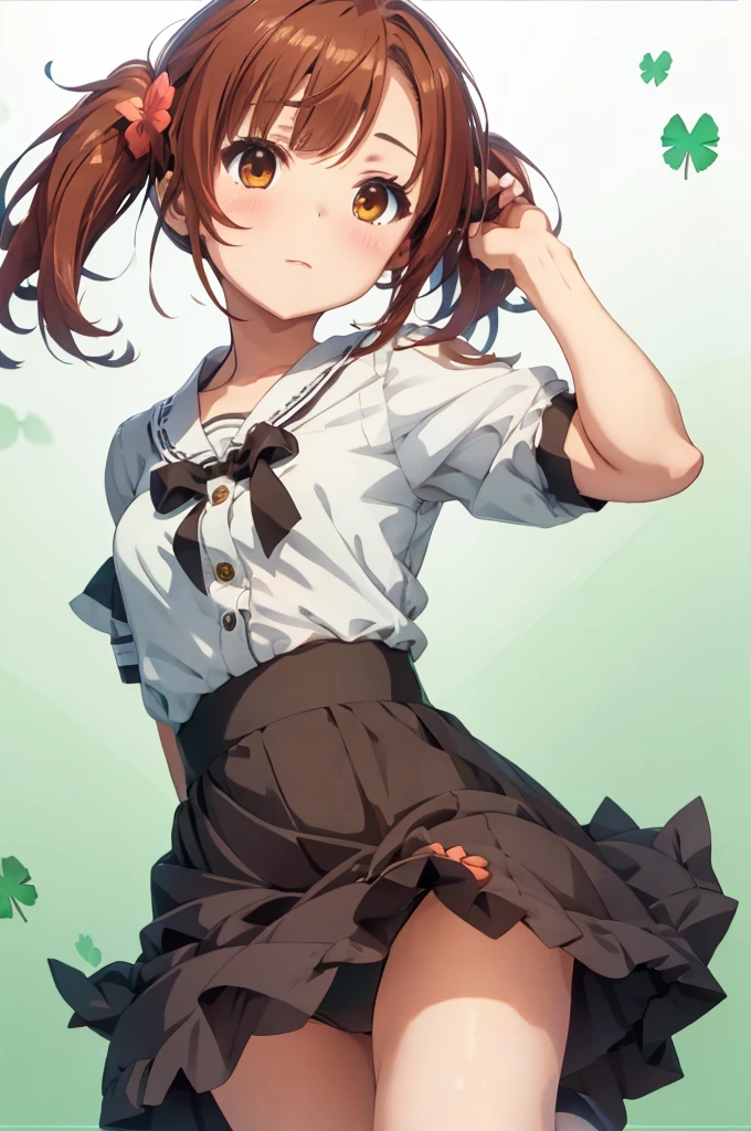 Browsing Caution,Idol Master, Chieri Ogata,short twin tails with reddish-brown hair,,,small ,Brown eyes,four Leaf Clover, Panties in full view,Skirt Lift,Best image quality,Highest quality