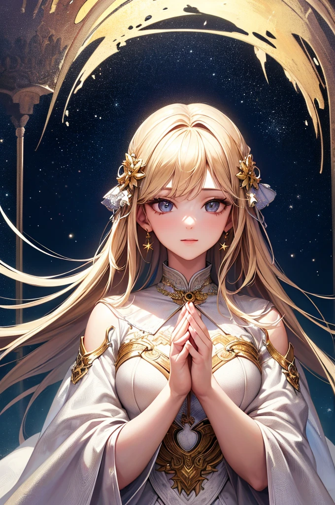 (masterpiece, Highest quality, Highest quality, Official Art, Beauty and aesthetics: 1.2), (1 Girl), Attention to detail, (Fractal Art: 1.3), colorful, Supreme detail, Perfect Face, Upper Body, High resolution, prayer, (White cloak Golden Line: 1.2), Starry Sky, shooting star, Light Stripe, Surrealism.