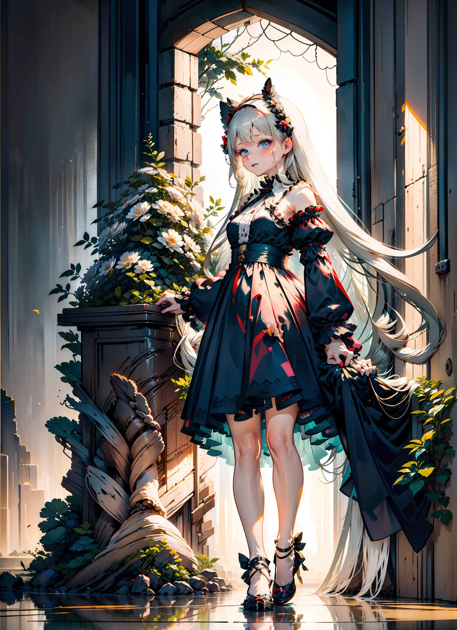 (Extremely delicate and beautiful:1.5),A Russian girl in her early 20s with ash grey hair, standing on your feet, solo, full body,Sweet face,Light smile,By bangs, Gemstone eyes, Contre-Jour,Long curly hair, Black-othic-ta dress, Keep one's mouth shut, seen from the side, lanterns, light particules, longer sleeves, looking at viewert,pink bows, The background is filled with seven colors, The face is dense((must)), Masterpiece