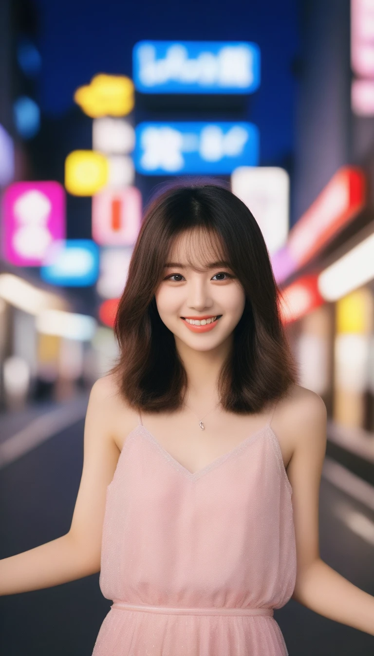 Create an image of Yūchami, a stylish and trendy Japanese idol. She has long, wavy brown hair, big expressive eyes, and a bright smile. Yūchami is wearing a fashionable outfit, a mix of cute and modern style, with a pastel-colored dress and some trendy accessories. She is standing in a vibrant urban setting, with neon lights and bustling streets, capturing the lively atmosphere of a Tokyo night. The overall mood is energetic and cheerful, reflecting her charming personality.