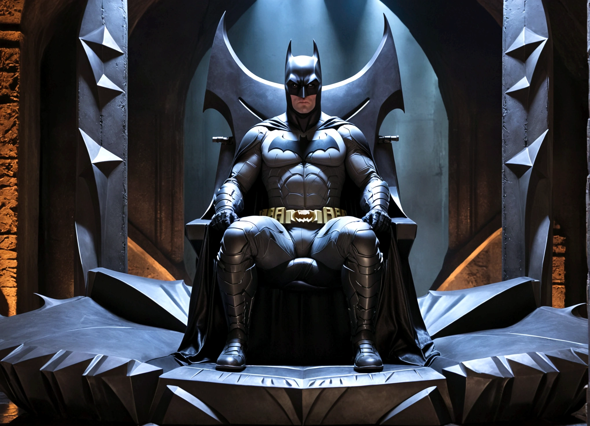 DC character Batman, sitting up on a comfortable bat themed opulent throne. Set in the gadget filled Bat Cave. Dark, gritty, moody