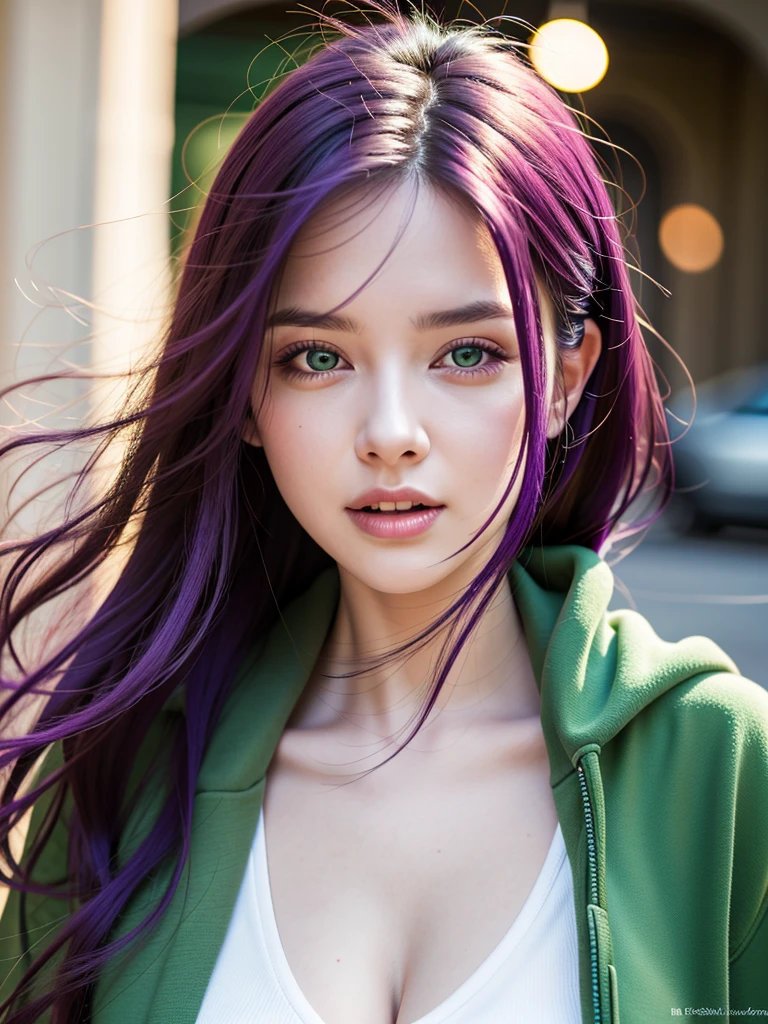 highest quality, Highest quality, masterpiece, Ultra-high resolution, Raw photo, A photo-realistic, 26-year-old woman, (open mouth:0.85), purple hair, long hair, (light hoody:0.8), green eyes, (cleavage:0.5),