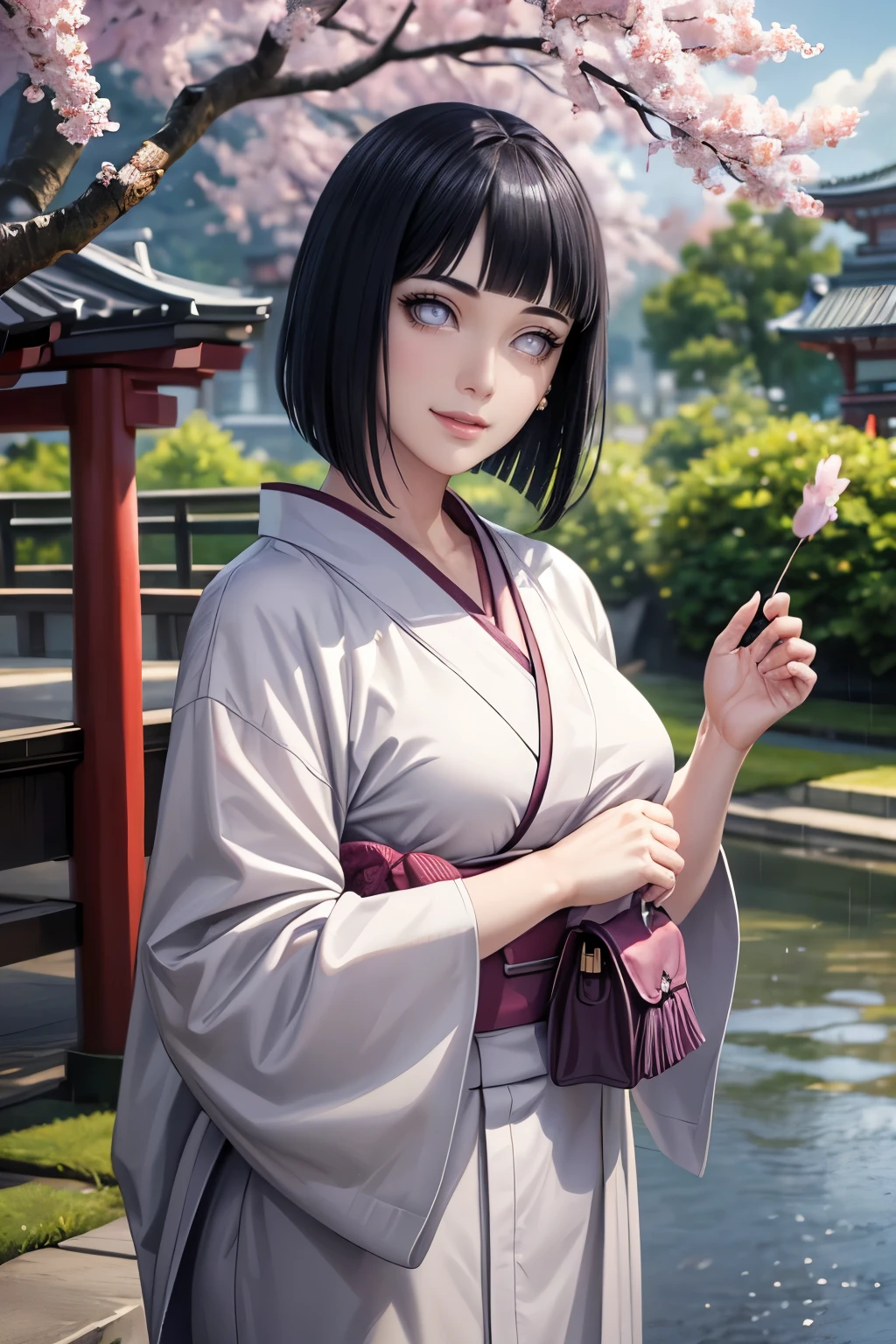 (best quality,4k,8k,highres,masterpiece:1.2),ultr
a-detailed,realistic,photorealistic:1.37,detailed
eyes,beautiful detailed lips, pale, hinata hyuga from Naruto wearing beautiful kimino, perfect figure, attractive rounded breasts, smiling, puffy lips, posing in cloudy weather, in front of japanese temple, people in the background, outdoor ,clouds, cherry blossom trees, green trees, sakura falling, posing with a bag, short hair, realistic hands, realistic hair, realistic nose, realistic lips, improve fingers, dark cloudy weather with no sunlight, wearing kimono, japanese traditional dress, crowded area, rainy clouds 