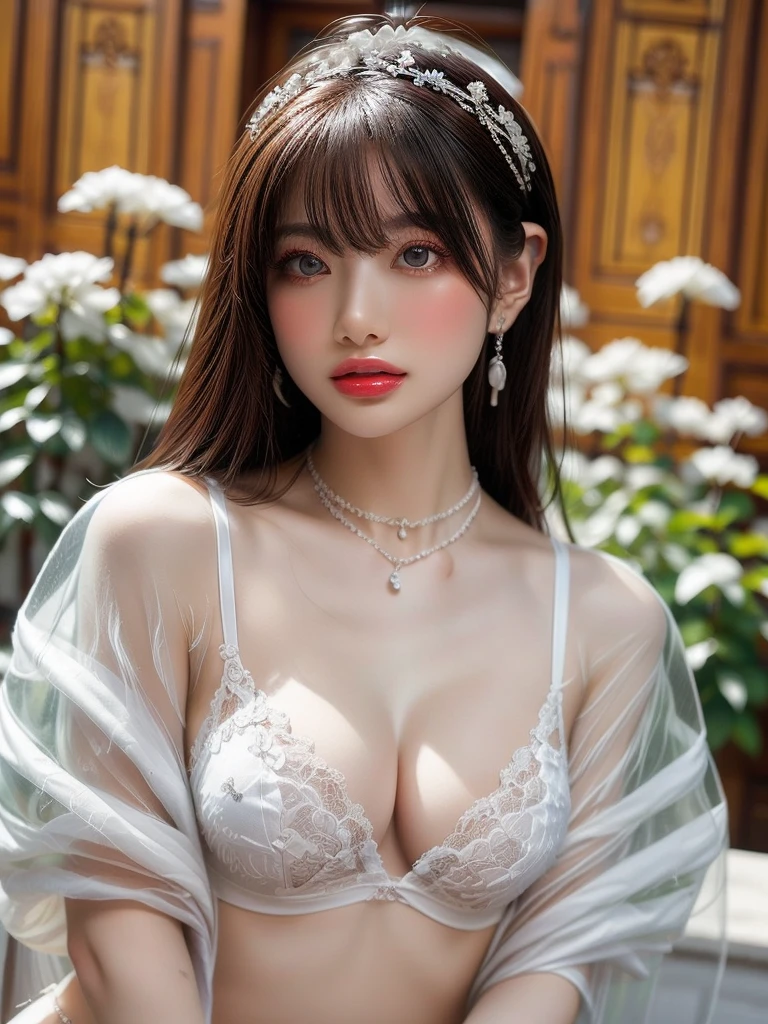 Countless white roses background 1.5、Professional Lighting、(((Professional Lighting 1.5)))、Translucent skin texture、Beautiful Skin、Beautiful Skin、、(((Whitening 1.5)))、White Bra、See-through、、Ecstasy of Musical Notes、((White Bra1.5))、See-through1.5、Bust up photo、Simple earrings and necklace、View your viewers、Dynamic pose 1.4、