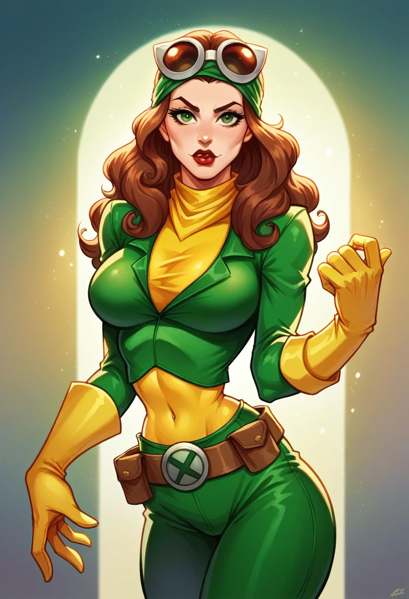 on its own, Classic, Super heroi, Southern Belle, gazing at viewer, breasts big, voluptuous, jaket, lips partidos, waist belt, jaket aberta, lips, covered navel, make-up, bandana on head, extended arm, lipstick, multicolored clothes, buckle, buckle de waist belt, lips vermelhos, yellow gloves, destaques especulares, Rogue of the X-men, beautiful hands, Dynamic English, dynamic lighting, side lighting, rim lighting, sci fi, Kale