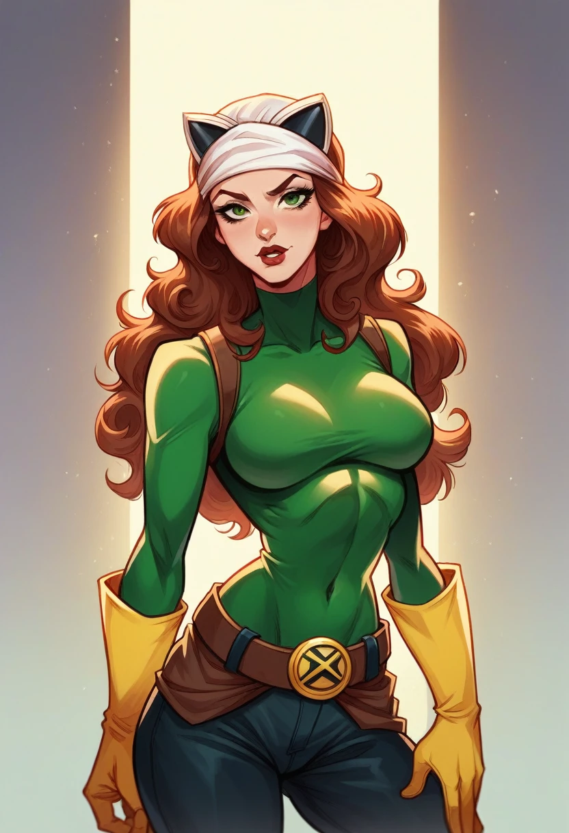 on its own, Classic, Super heroi, Southern Belle, gazing at viewer, breasts big, voluptuous, jaket, lips partidos, waist belt, jaket aberta, lips, covered navel, make-up, bandana on head, extended arm, lipstick, multicolored clothes, buckle, buckle de waist belt, lips vermelhos, yellow gloves, destaques especulares, Rogue of the X-men, beautiful hands, Dynamic English, dynamic lighting, side lighting, rim lighting, sci fi, Kale