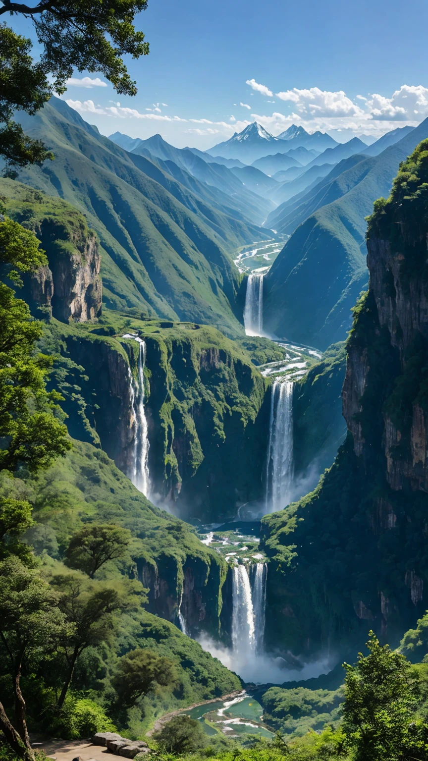 Superb views of the world、Surrounded by greenery、A large waterfall flows down between them、Epic Scale、You can see the mountains in the distance。