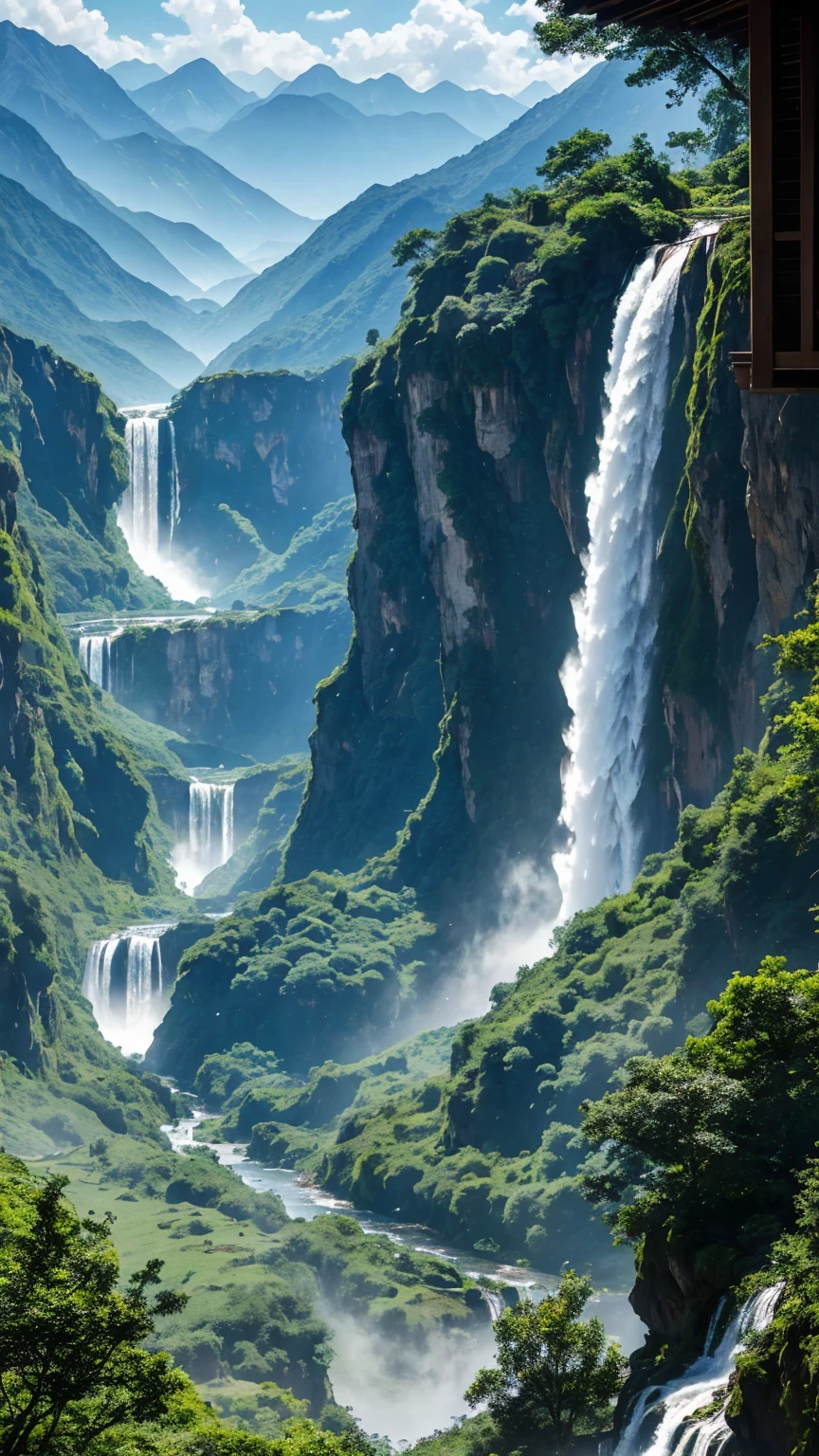 Superb views of the world、Surrounded by greenery、A large waterfall flows down between them、Epic Scale、You can see the mountains in the distance。