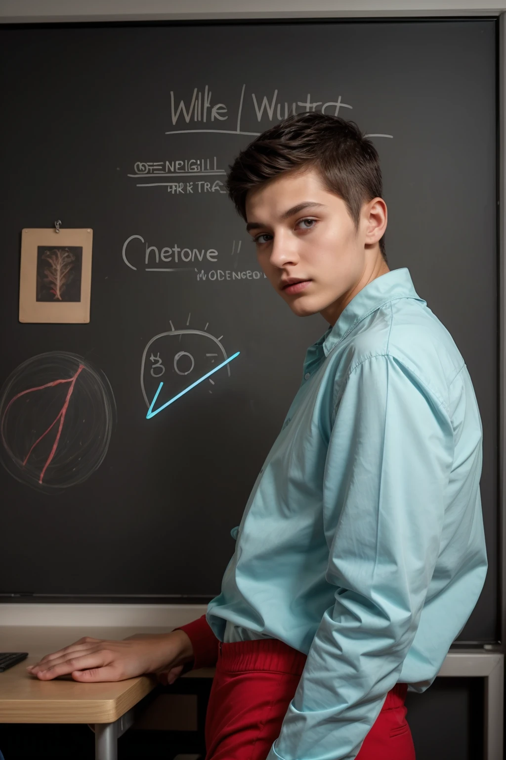 A beautiful young man, a cute male twink, with black hair, a face with reddish make-up, wearing a bright white long-sleeved shirt and aqua blue pants. He is in his office, and behind him is a blackboard on which is written the shape of the brain and its anatomy, and nuclear energy comes out of it.
