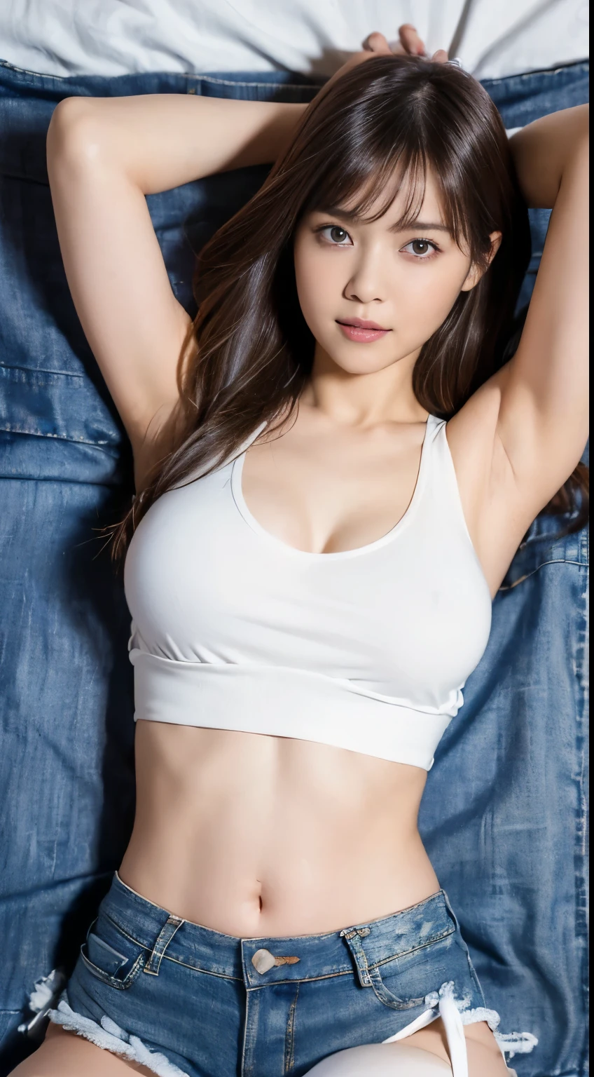 ((panty shot:1.5)) ((big breasts:1.3)) ((on the bed:1.2)) ((sleeping:1.2)) ((denim shorts:1.2)) ((close-up:1.2)) ((a flat stomach:1.2)) best quality,masterpiece,ultra high res,(photorealistic:1.4),raw photo,(Authentic skin texture:1.3),(film grain:1.3),panorama,character portrait,very wide shot,narrow waist,cowboy shot,(in the dark, deep shadow, low key, cold light,) night,(()),streaming tears,,dust,Tyndall effect,(expression),1girl,beautiful detailed eyes and face,white jabot,brown eyes,((white tank top:1.3)) ((stylish bedroom:1.4)) ((brown hair:1.2)) ((long hair)) ((half french and half korean:1.3)) ((in my house:1.2)) ((open legs:1.3))