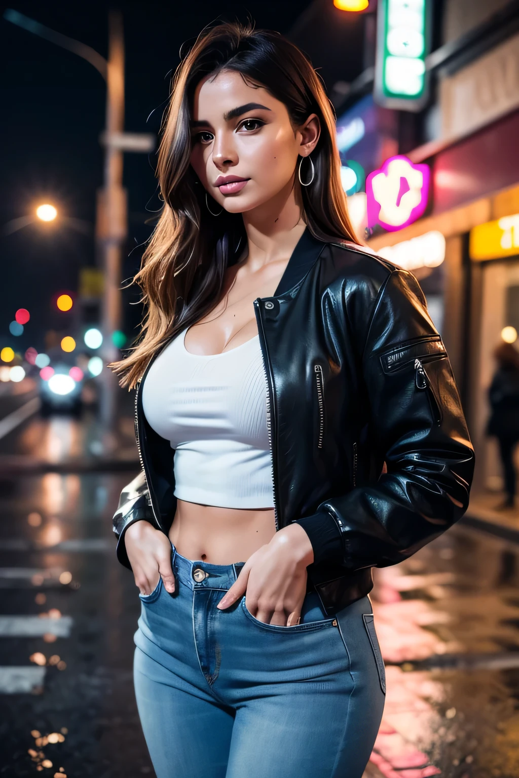 Ultra HD resolution，artistic photos，Professional Photography，21 year girl drenched in rain, earrings, long brunette wet hair, cold white ultra realistic wet skin，wearing jeans crop top, exposed cleavage, ((jacket on shoulder)), walking on a empty street at night, night time, messy hair, looking at viewer, natural pink lips.