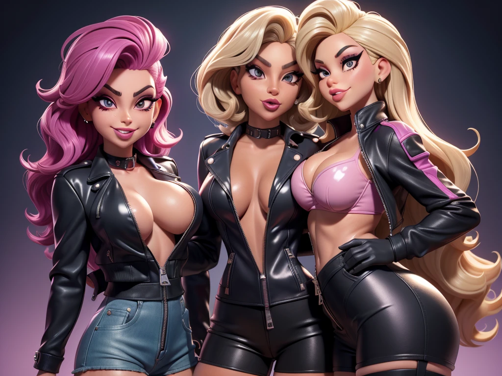 obra prima, melhor qualidade, ((lady gaga, tan skin, wavy bob hair,)) head back, (sassy wicked sultry sneer, big teeth smile,) open mouth, pucker mouth, shiny periwinkle lipstick, sunglasses, ((thick smoky black eye shadow, long fake eyelashes, sticking tongue out,)) (cerulean blue leather jacket with puff shoulder,) biker jacket has stiff collar, leather blouse, ((magenta pvc shorts, pockets, unzipped front,)) studs zippers snaps, shiny leather gloves, nip slip, body is skinny, laying down hugging each other on sofa, shiny tight buttocks, arched back, mashing breasts, ((passionate kissing, pelvis grinding,)) camera view of whole body, looking up at me, shallow depth of field, highres, HD, 8k, anatomically correct