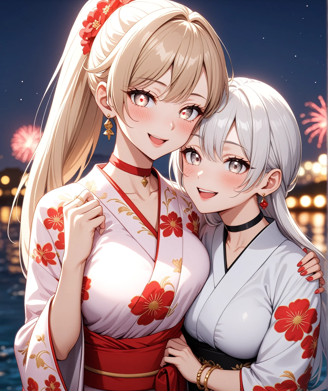 ((Two Women)), Beautiful Face, (Laughing embarrassedly), ((smirk)), ((Wink:1.8)), ((yuri:1.3)), Laugh with your mouth wide open,((Bright red cheeks:1.4)),Shiny red lips, night,横浜のnight景,You can see the ocean, firework,Glossy pink lips,Facial lighting,((Anime style background)),masterpiece, Highest quality, so beautiful,up to date, Complex details, (4fingers and 1thumbs), (Pink long nails), (ring),(bracelet),(choker),AI-generated, Complex,High resolution, Highest quality, super high quality,3D Images、3D Images,One person,Long white hair in a high ponytail, ((Fine grain、Silvery white eyes、Shining Eyes:1.4)), (Squint your eyes:1.1), Long blonde hair in a high ponytail, Anime woman posing for a photo, a hyperRealistic , hyperRealistic , Realistic,Anime woman with long white hair, Smooth anime CG art, A woman in a colorful kimono with gold embroidery, (Black long sleeve kimono),(Pink long sleeve kimono), Red floral pattern,Long flower hair ornament,Earrings,Mature Body,(Big Breasts:1.1),Tall,Abdominal muscles,Narrow waist,(Zoom in on face),