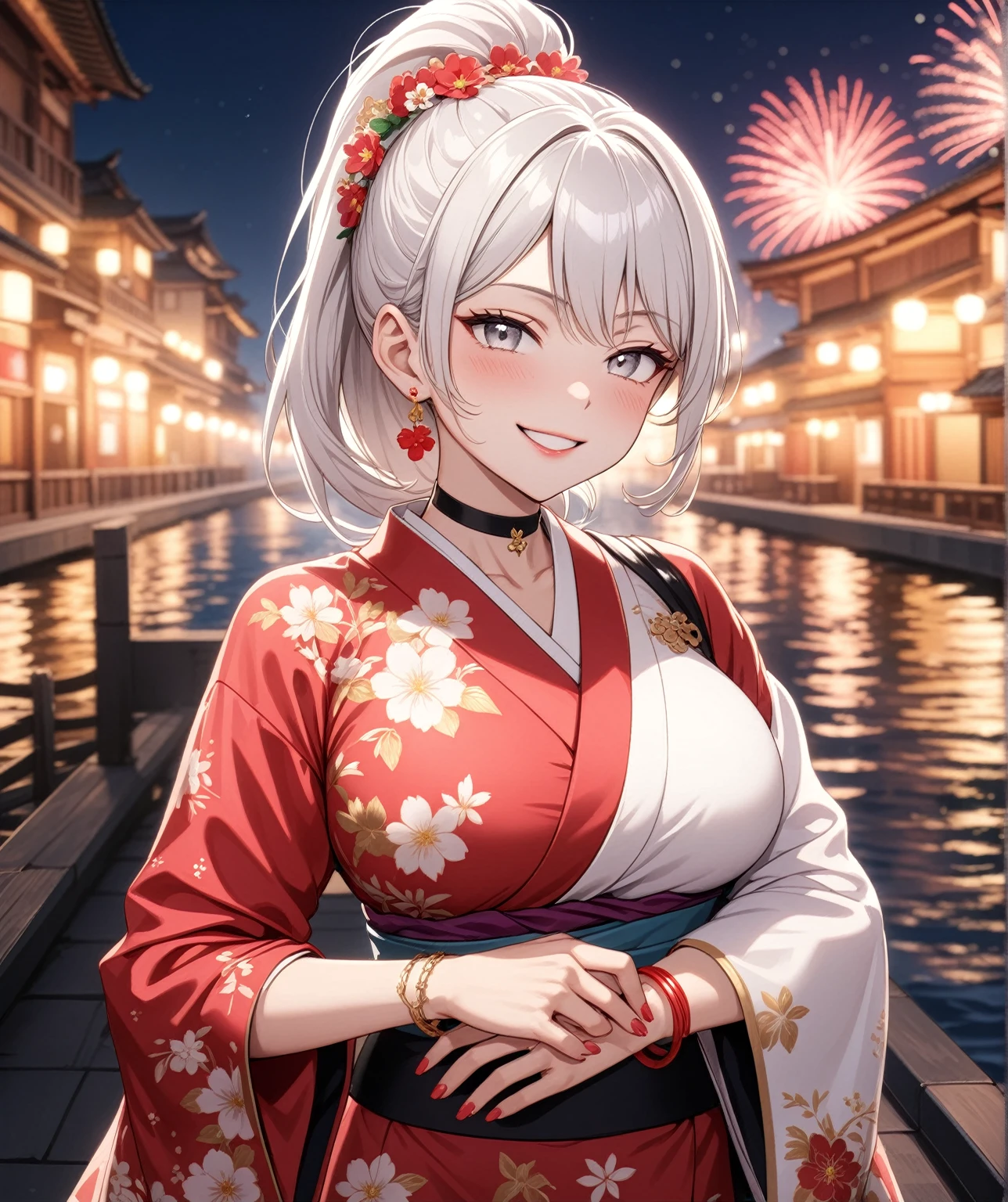 ((Two Women)), Beautiful Face, (Laughing embarrassedly), ((smirk)), ((Wink:1.8)),  ((yuri:1.3)), Laugh with your mouth wide open,((Bright red cheeks:1.4)),Shiny red lips, night,横浜のnight景,You can see the ocean, firework,Glossy pink lips,Facial lighting,((Anime style background)),masterpiece, Highest quality, so beautiful,up to date, Complex details, (4fingers and 1thumbs), (Pink long nails), (ring),(bracelet),(choker),AI-generated, Complex,High resolution, Highest quality, super high quality,3D Images、3D Images,One person,Long white hair in a high ponytail, ((Fine grain、Silvery white eyes、Shining Eyes:1.4)), (Squint your eyes:1.1), Long blonde hair in a high ponytail, Anime woman posing for a photo, a hyperRealistic , hyperRealistic , Realistic,Anime woman with long white hair, Smooth anime CG art, A woman in a colorful kimono with gold embroidery, (Black long sleeve kimono),(Pink long sleeve kimono), Red floral pattern,Long flower hair ornament,Earrings,Mature Body,(Big Breasts:1.1),Tall,Abdominal muscles,Narrow waist,(Zoom in on face), 