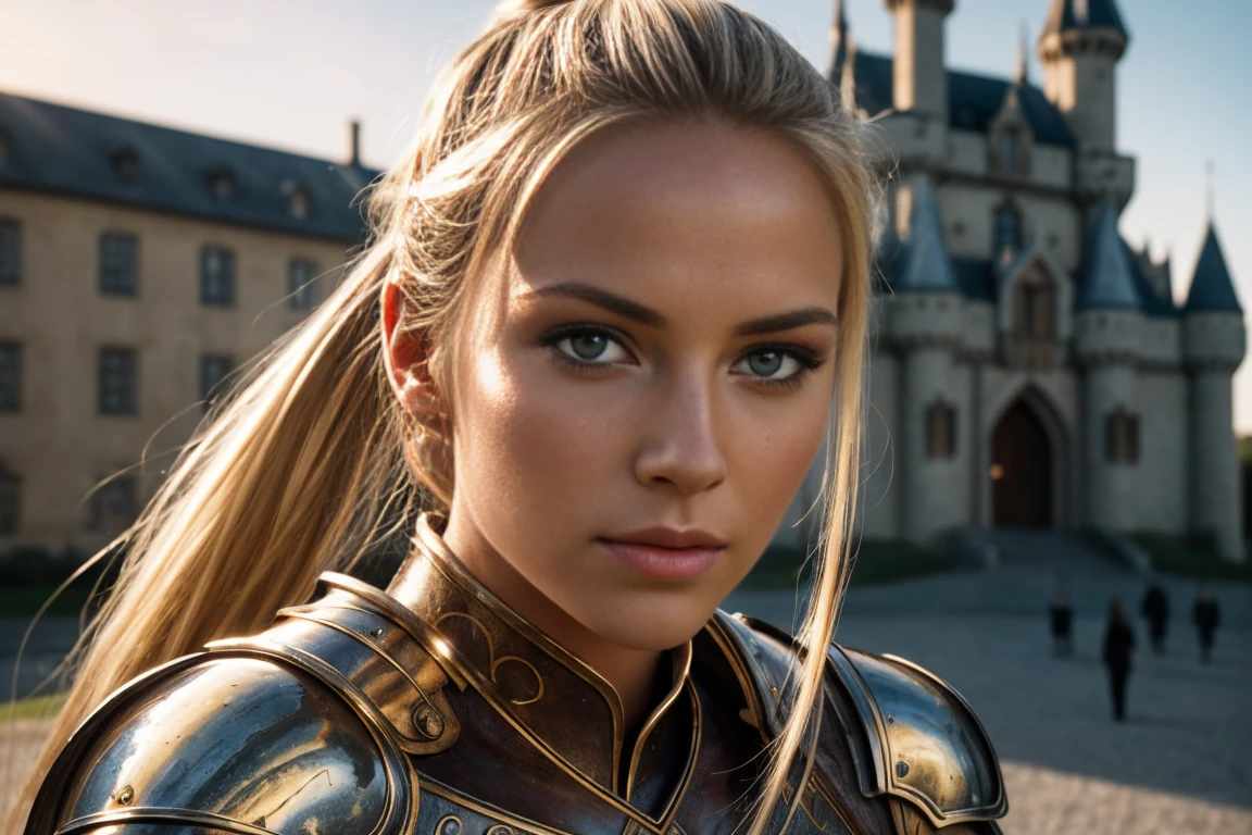 Realistic photo of a beautiful woman, (Note See:1.0), (skin texture:1.1), (detailed eyes), blonde hair in a loose ponytail, (detailed face), (skin pores), (legs), (Sexy fantasy warrior armor), metallic shine, on the castle wall, in front of the camera, (Masterpiece), (photorealistic:1.4), photo and gross, Best Quality, high resolution, rich colors, backlight, bright sunlight, cinematic lighting, film grain, photo and gross, 50mm lens, Nikon D850, warm colors, by Helmut Newton, close up