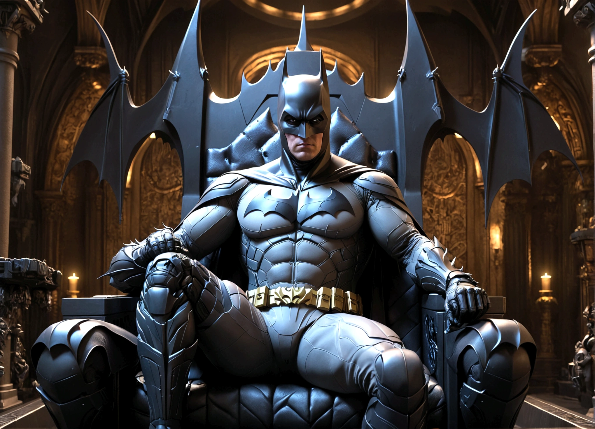 a detailed portrait of batman sitting on an ornate, bat-themed throne in the gadget-filled batcave, dark and moody atmosphere, photorealistic, masterpiece, ultra-detailed, 8k, high quality, cinematic lighting, dramatic shadows, intricate details, rich textures, dramatic pose, intense expression, chiaroscuro lighting, gothic architecture, advanced 3d rendering, professional studio, dramatic mood, dark and gritty