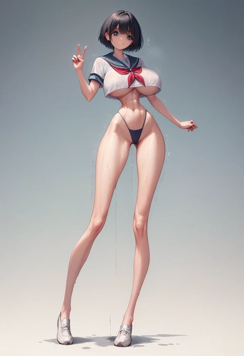 (masterpiece, best quality:1.2), front shot,  beautiful 1girl, (big breasts, micro waist, very long legs:1.3), Black hair, short bob hair, short height, scrawny and thin body, Light Skin, cute big eyes, cute beautiful thin face, forced smile, serafuku, miniskirt, pigeon-toed, wet and sweaty, visible ribs, Long and thin navel, V sign, Trembling, with ugly woman