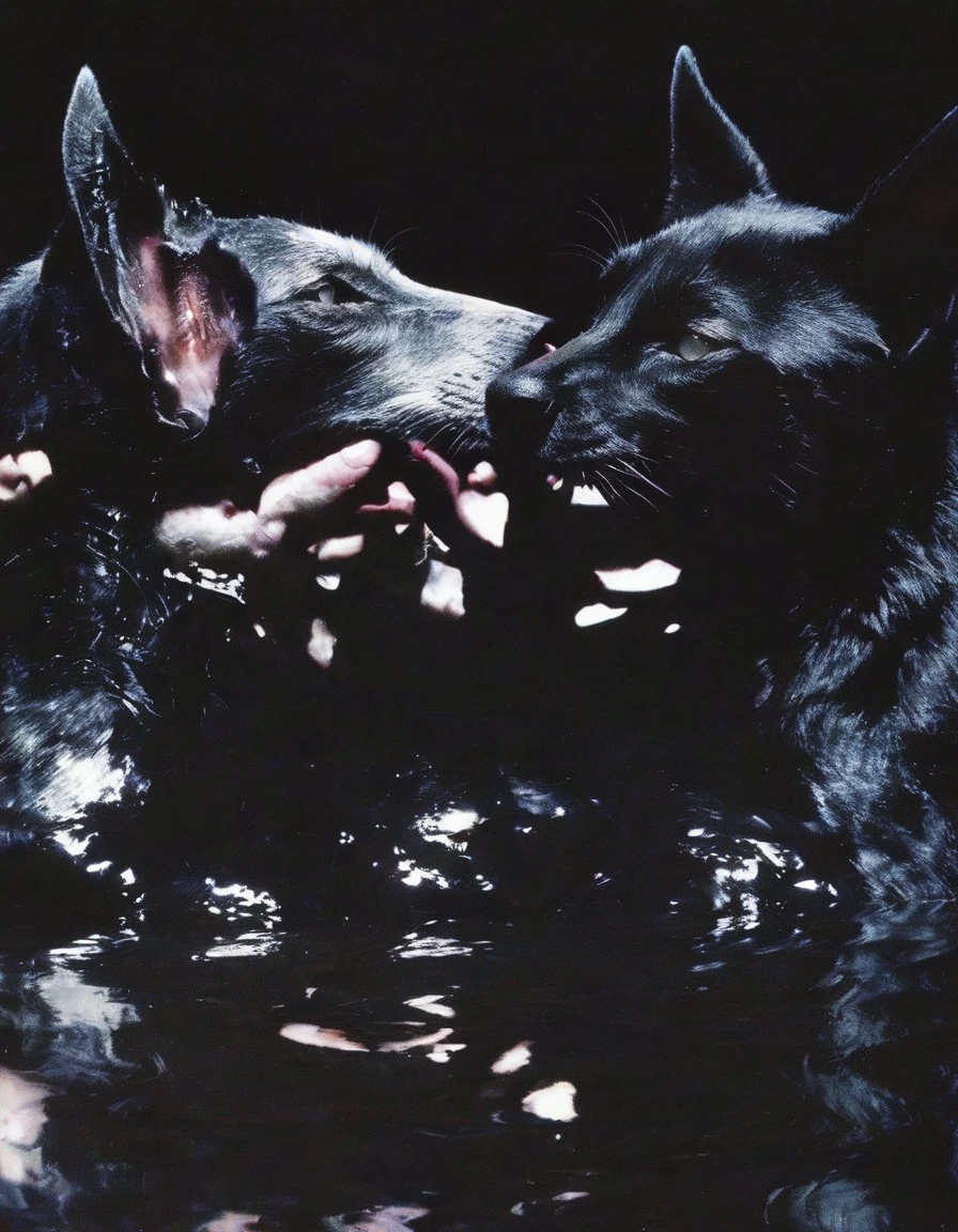film photography, vintage, close up photo of black filth eating white swan covered in blood in black water, blue dark forest night background