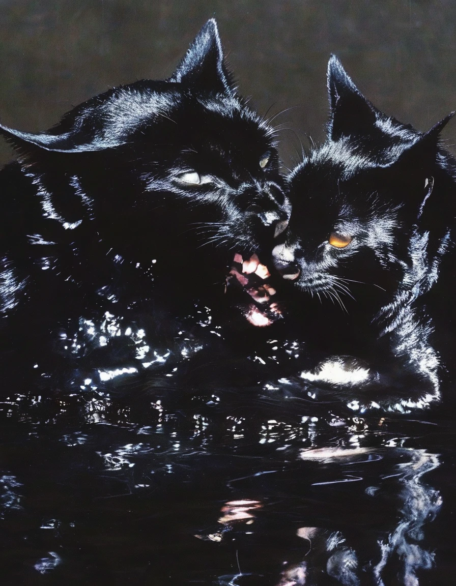 black cats kissing in black water