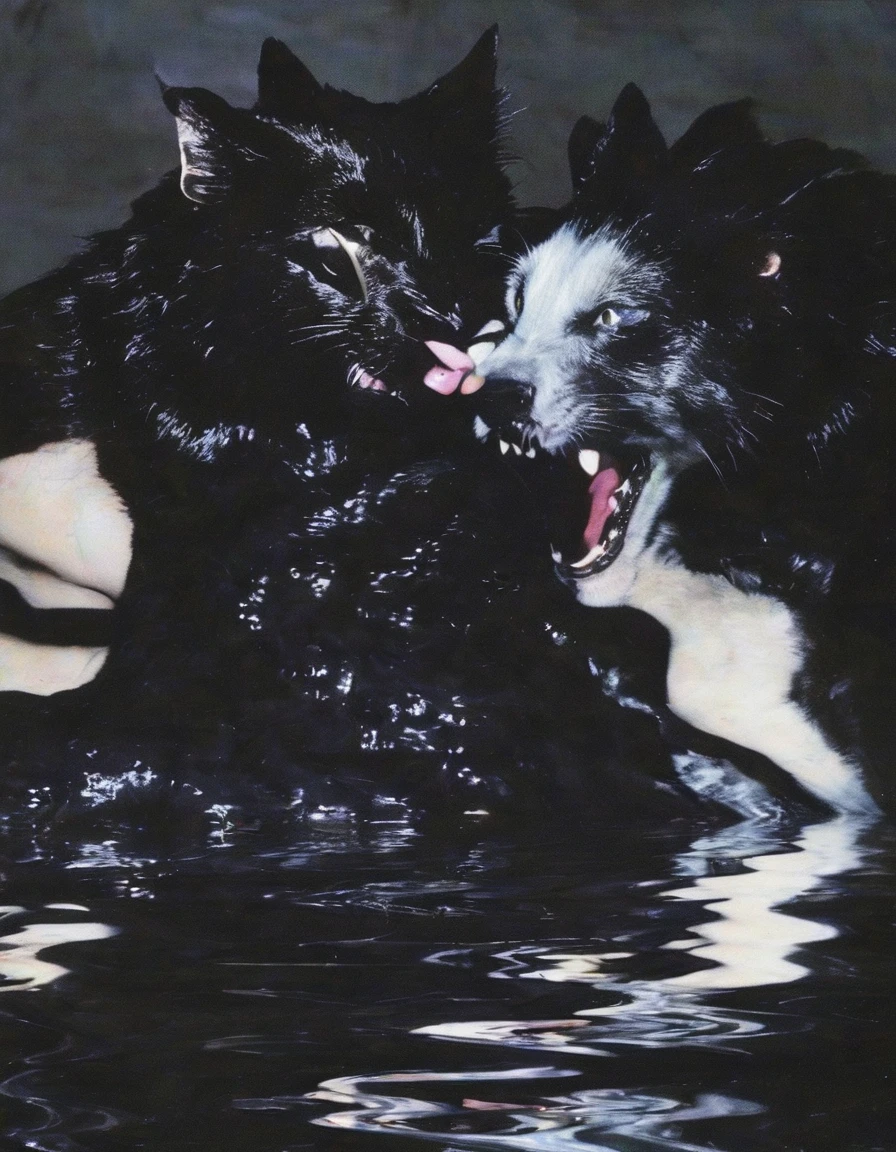 black cats kissing in black water