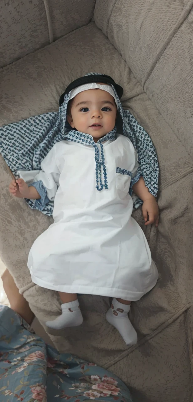 The baby is wearing an Arab gown 