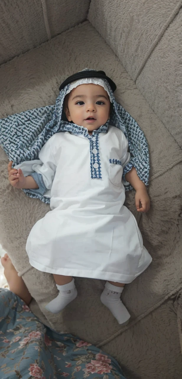 The baby is wearing an Arab gown