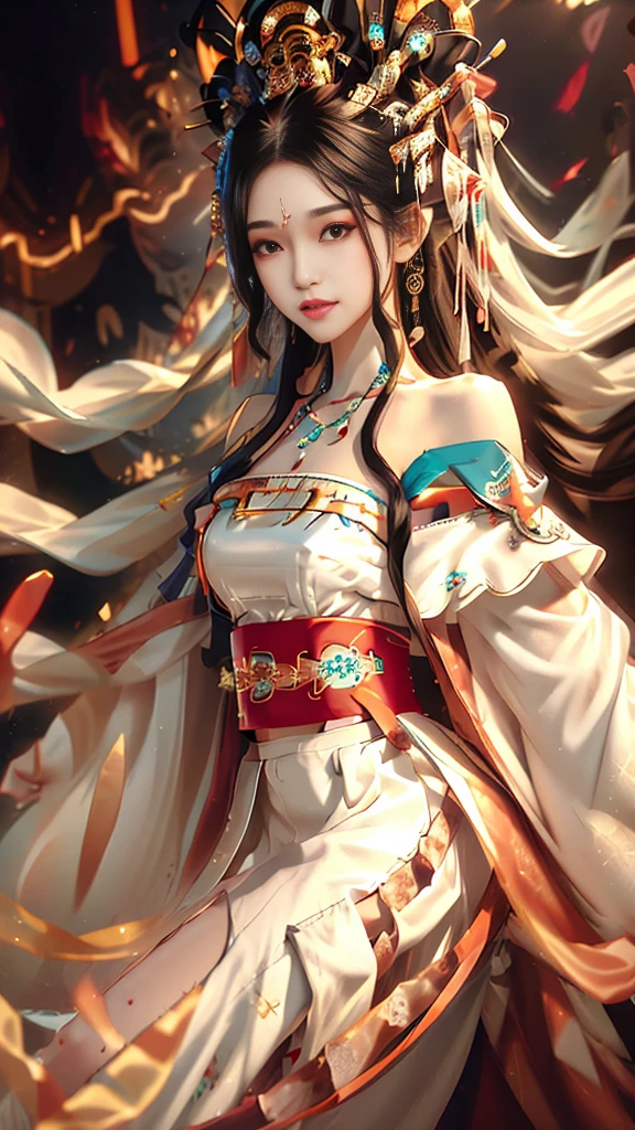 （Girl in traditional Chinese costume）, （The peerless beauty Yang Guifei）,Hanfu ,Long black hair, Iris, black bun hairstyle, hair accessory ,White Diamond Earrings, Bangle Diameter, Deer Necklace, Clear Eyes, Look forward,Putting on makeup, Long eyelashes ,(Long shoulder coat:1.5), (White mini skirt:1.5), ((whole body)), ((From below))ฃ, Clear Face, , (Very beautiful face, Beautiful mouth, Beautiful Eyes), Detailed face, ((super fine muscle)), In the Dark, Deep Shadow, Chinese beautiful girl (Slim figure 1.6) ,（Ample breasts, Cleavage）,Sexy slim beautiful legs、Elegant posture (Laugh brightly) (City Night (Neon Light)) (at night ),